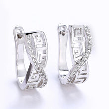 Load image into Gallery viewer, 14K White Gold Plated Swarovski Elements Pav'e Greek Key Design Hinge Earrings
