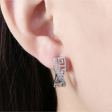 Load image into Gallery viewer, 14K White Gold Plated Swarovski Elements Pav'e Greek Key Design Hinge Earrings

