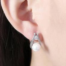 Load image into Gallery viewer, 14K White Gold Plating Swarovski Elements Pav'e Freshwater Pearl Pear Cut Earrings
