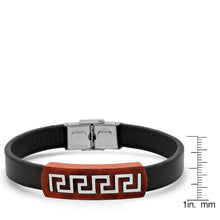 Load image into Gallery viewer, Men's Brown Leather Wood and Stainless Steel Greek Key Accents ID Bracelet
