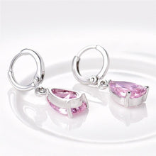 Load image into Gallery viewer, Pink Pear Cut Dangling Leverback Earrings in 14K White Gold
